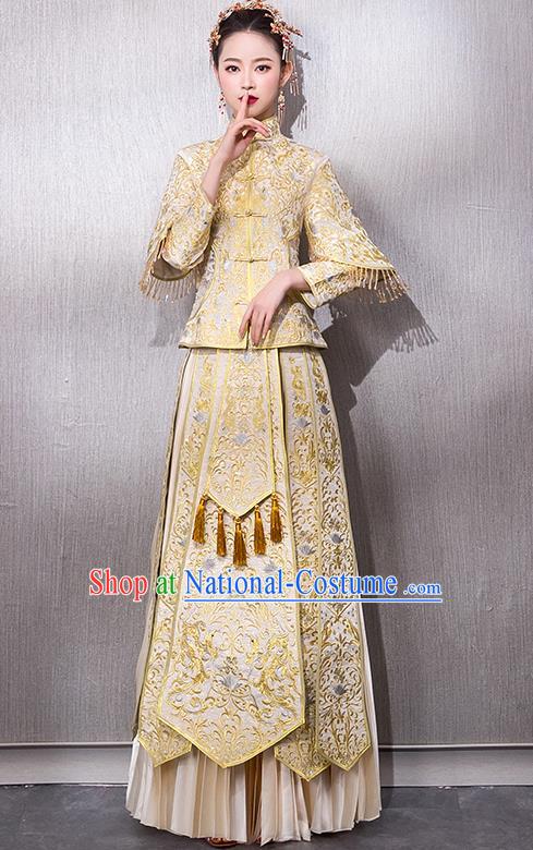 Chinese Traditional Bridal Golden Xiuhe Suit Embroidered Wedding Dress Ancient Bride Cheongsam for Women