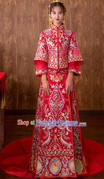 Chinese Traditional Bridal Xiuhe Suit Embroidered Red Trailing Wedding Dress Ancient Bride Cheongsam for Women