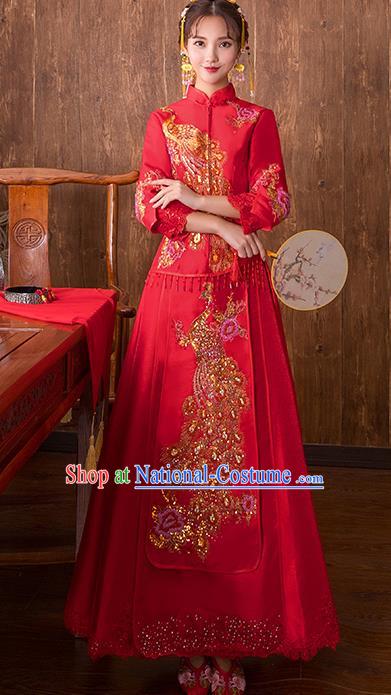 Chinese Traditional Bridal Red Xiuhe Suit Embroidered Phoenix Peony Wedding Dress Ancient Bride Cheongsam for Women