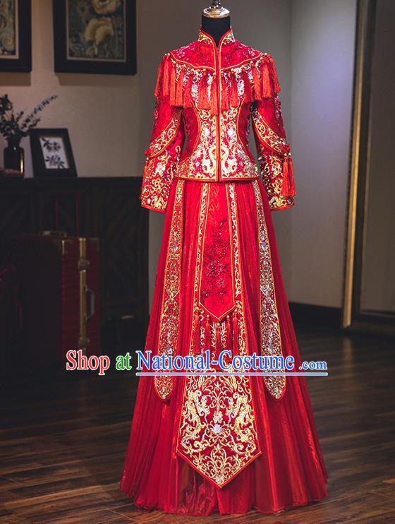 Chinese Traditional Delicate Embroidered Red Wedding Dress Ancient Bride Xiuhe Suit Costume for Women