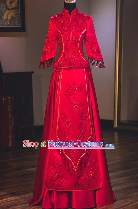 Chinese Traditional Delicate Embroidered Wedding Dress Ancient Bride Longfeng Flown Xiuhe Suit Costume for Women