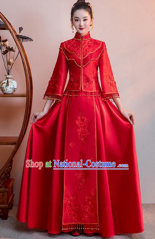 Chinese Traditional Bridal Red Toast Xiuhe Suit Wedding Dress Ancient Bride Cheongsam for Women