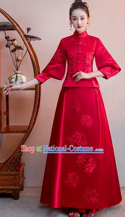 Chinese Traditional Bridal Red Toast Xiuhe Suit Embroidered Peony Wedding Dress Ancient Bride Cheongsam for Women