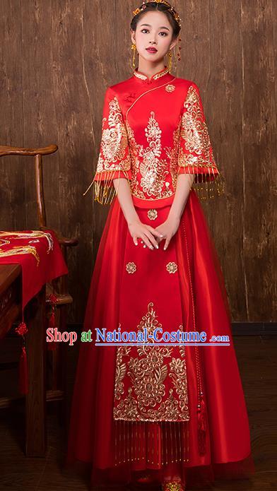 Chinese Traditional Bridal Toast Xiuhe Suit Red Wedding Dress Ancient Bride Cheongsam for Women