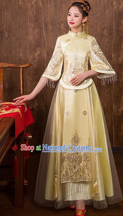 Chinese Traditional Bridal Toast Xiuhe Suit Golden Wedding Dress Ancient Bride Cheongsam for Women