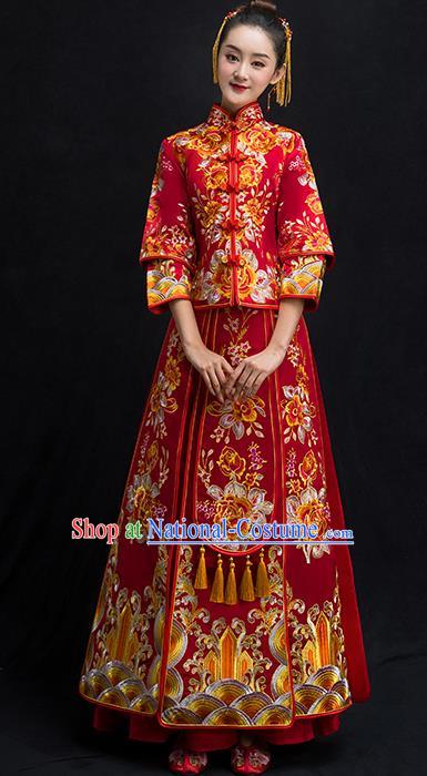 Chinese Traditional Bridal Toast Xiuhe Suit Wedding Dress Ancient Bride Embroidered Peony Cheongsam for Women