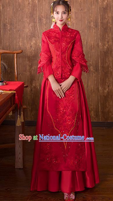 Chinese Traditional Bridal Toast Xiuhe Suit Wedding Dress Ancient Bride Embroidered Red Cheongsam for Women