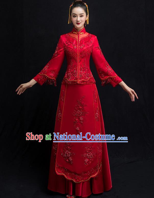 Chinese Traditional Bridal Embroidered Toast Xiuhe Suit Diamante Wedding Dress Ancient Bride Red Cheongsam for Women