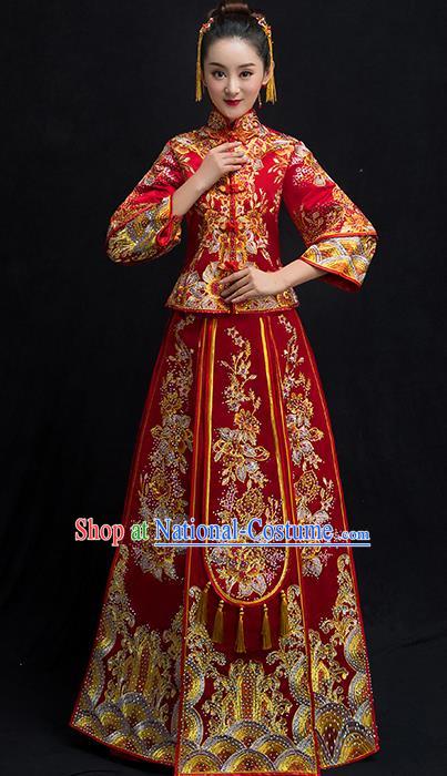 Chinese Traditional Bridal Embroidered Diamante Toast Xiuhe Suit Wedding Dress Ancient Bride Red Cheongsam for Women