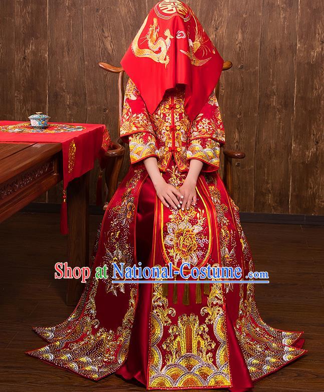 Chinese Traditional Bridal Embroidered Peony Xiuhe Suit Wedding Dress Ancient Bride Red Cheongsam for Women