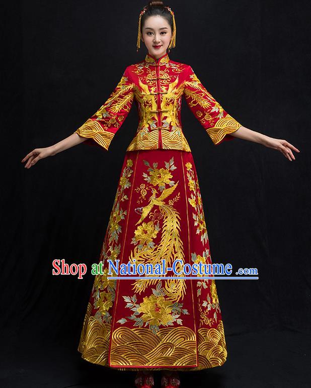 Chinese Traditional Wedding Bridal Embroidered Phoenix Xiuhe Suit Ancient Bride Red Diamante Cheongsam for Women