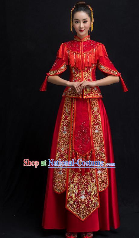 Chinese Traditional Embroidered Wedding Costume Bridal Xiuhe Suit Ancient Bride Red Cheongsam for Women