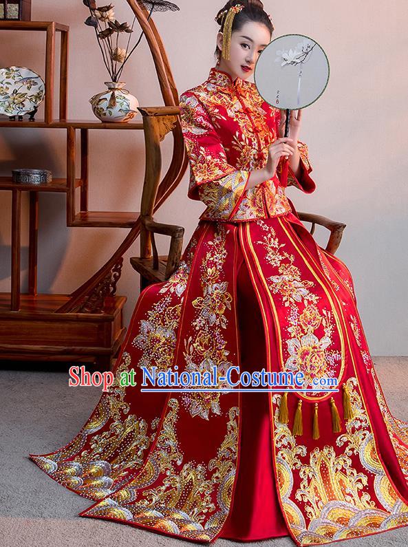 Chinese Traditional Bridal Red Xiuhe Suit Embroidered Diamante Wedding Dress Ancient Bride Cheongsam for Women