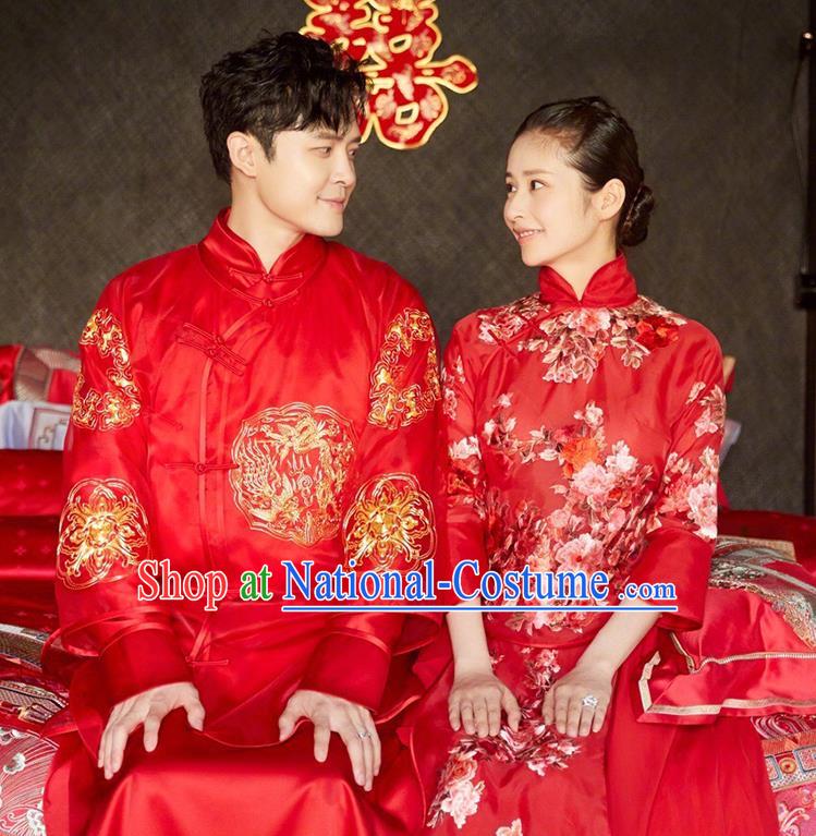 Chinese Traditional Embroidered Wedding Costume Ancient Bride and Bridegroom Xiuhe Suits Complete Set