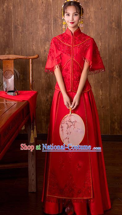 Chinese Traditional Embroidered Wedding Costume Bridal Xiuhe Suit Ancient Toast Cheongsam for Women