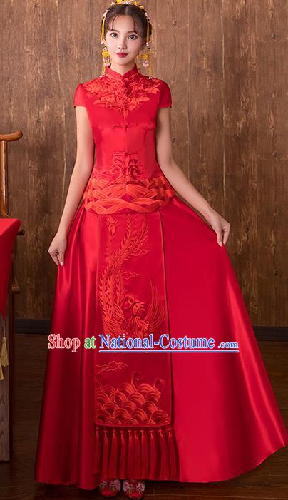 Chinese Traditional Embroidered Phoenix Wedding Costume Bridal Xiuhe Suit Ancient Toast Cheongsam for Women