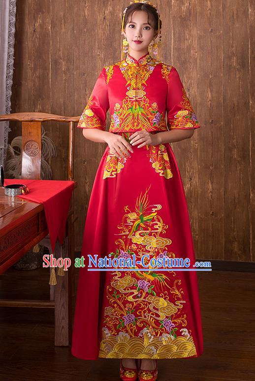 Chinese Traditional Embroidered Bottom Drawer Wedding Costume Bridal Xiuhe Suit Ancient Toast Cheongsam for Women