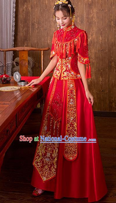 Chinese Traditional Embroidered Bottom Drawer Bridal Wedding Xiuhe Suit Ancient Toast Cheongsam for Women