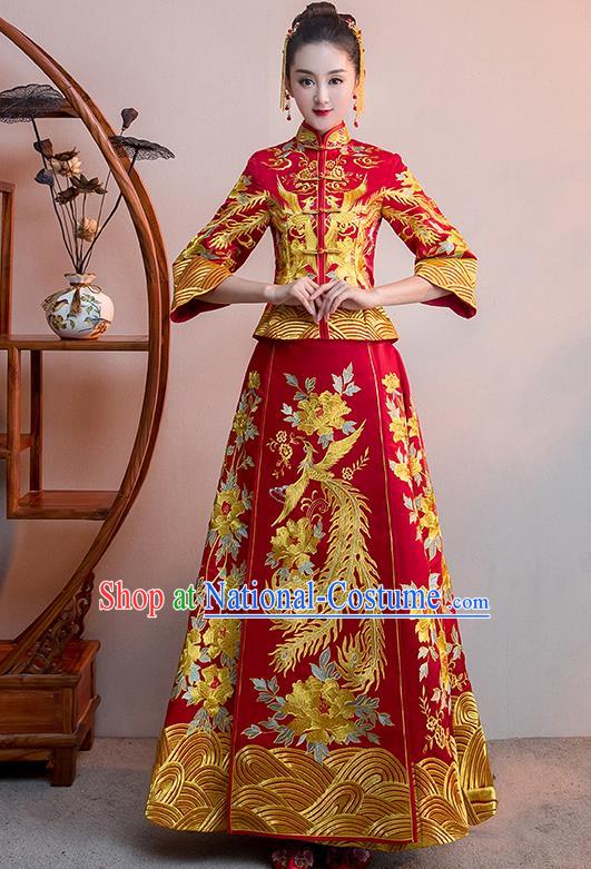 Chinese Traditional Bridal Red Xiuhe Suit Embroidered Phoenix Wedding Dress Ancient Bride Cheongsam for Women