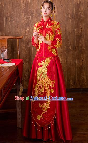 Chinese Traditional Embroidered Phoenix Bottom Drawer Bridal Wedding Xiuhe Suit Ancient Toast Cheongsam for Women