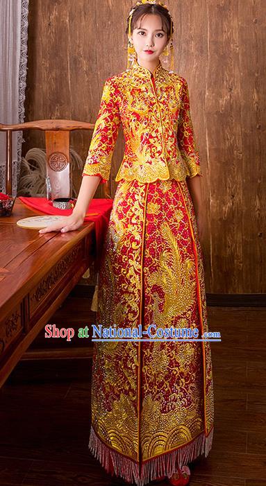 Chinese Traditional Embroidered Diamante Phoenix Bottom Drawer Bridal Wedding Xiuhe Suit Ancient Toast Cheongsam for Women