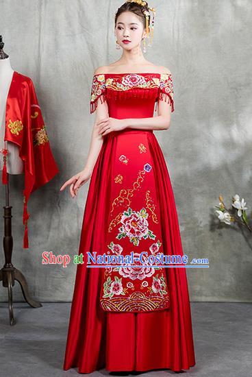 Chinese Traditional Embroidered Dress Bridal Wedding Xiuhe Suit Ancient Toast Cheongsam for Women