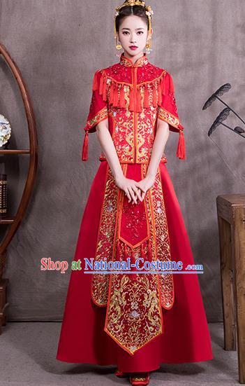 Chinese Traditional Embroidered Bridal Wedding Xiuhe Suit Ancient Toast Cheongsam Dress for Women