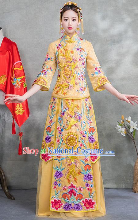 Chinese Traditional Embroidered Phoenix Bridal Yellow Xiuhe Suit Ancient Wedding Toast Cheongsam Dress for Women