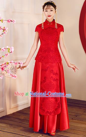 Chinese Traditional Embroidered Xiuhe Suit Ancient Wedding Short Sleeve Red Toast Cheongsam Dress for Women