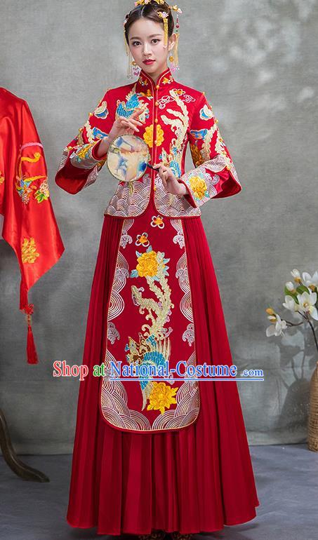 Chinese Traditional Embroidered Peony Phoenix Xiuhe Suit Ancient Wedding Red Toast Cheongsam Dress for Women