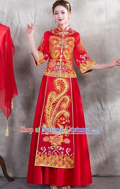 Chinese Traditional Embroidered Golden Phoenix Xiuhe Suit Ancient Wedding Red Toast Cheongsam Dress for Women