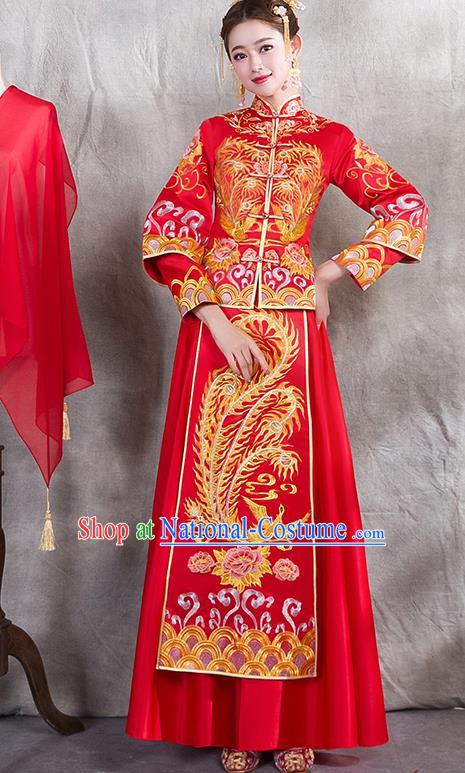 Chinese Traditional Embroidered Phoenix Xiuhe Suit Ancient Wedding Red Dress Toast Cheongsam for Women