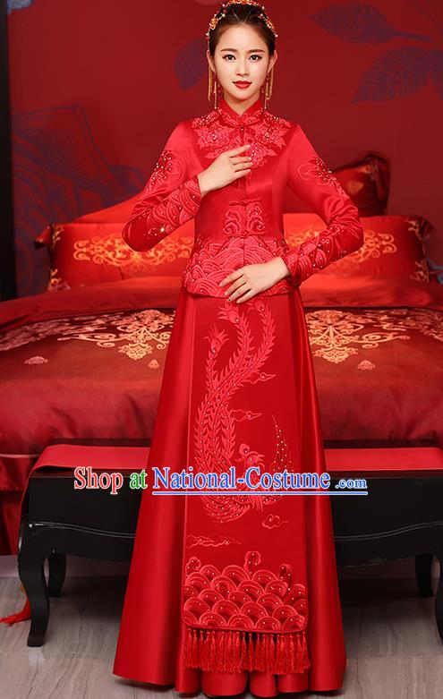 Traditional Chinese Toast Cheongsam Ancient Embroidered Phoenix Bottom Drawer Xiuhe Suit Wedding Dress for Women