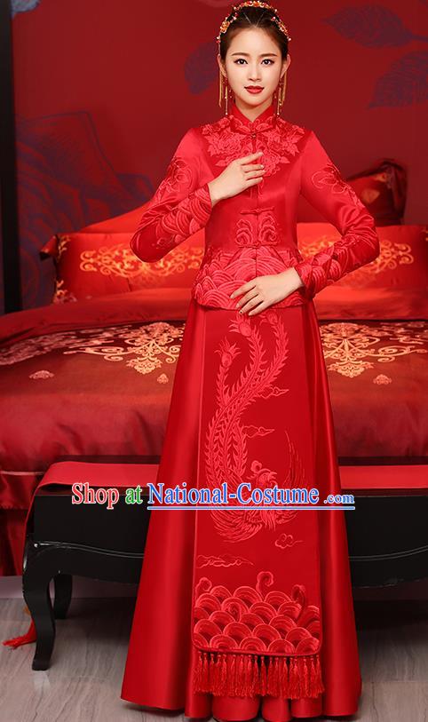 Traditional Chinese Toast Cheongsam Ancient Embroidered Phoenix Red Bottom Drawer Xiuhe Suit Wedding Dress for Women