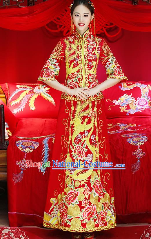 Traditional Chinese Toast Cheongsam Ancient Embroidered Dragon Phoenix Bottom Drawer Xiuhe Suit Wedding Dress for Women