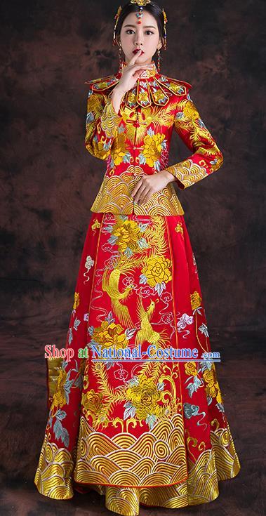 Traditional Chinese Trailing Toast Cheongsam Ancient Embroidered Phoenix Bottom Drawer Xiuhe Suit Wedding Dress for Women