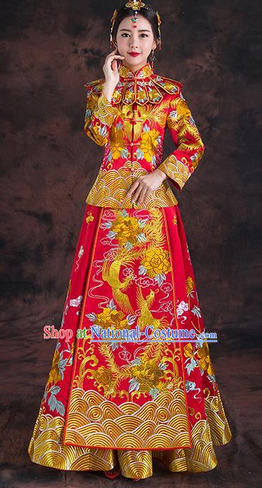 Traditional Chinese Red Toast Cheongsam Ancient Embroidered Phoenix Bottom Drawer Xiuhe Suit Wedding Dress for Women