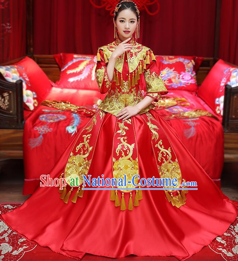 Chinese Traditional Embroidered Phoenix Xiuhe Suit Longfeng Flown Ancient Bottom Drawer Wedding Dress for Women