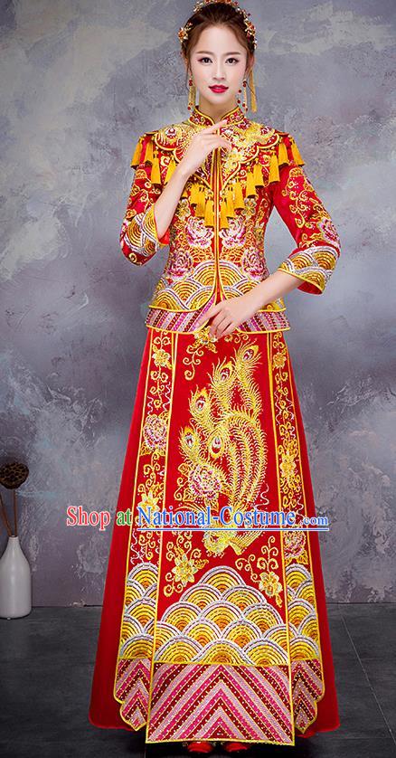 Chinese Traditional Red Diamante Toast Cheongsam Ancient Embroidered Phoenix Bottom Drawer Xiuhe Suit Wedding Dress for Women