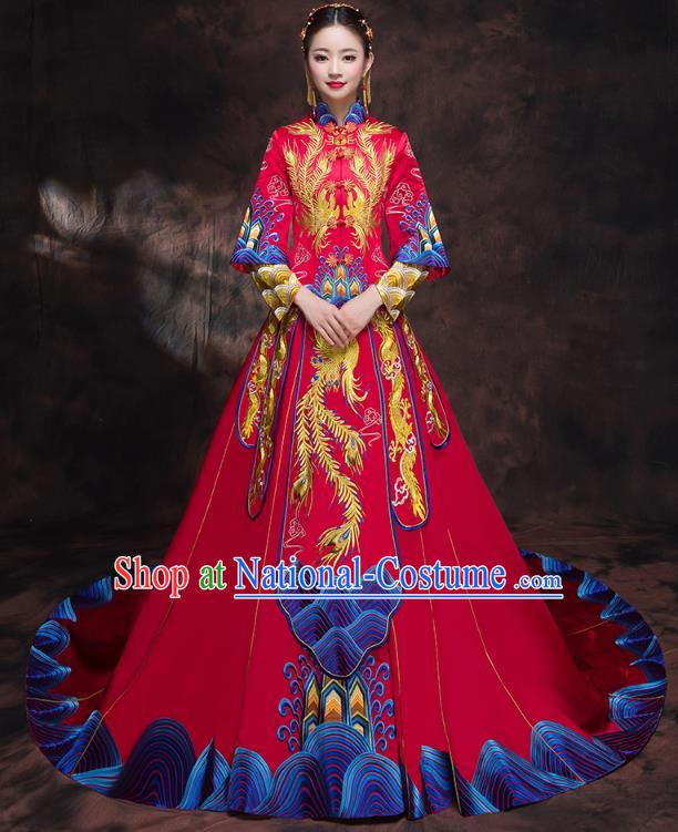 Chinese Traditional Embroidered Trailing Xiuhe Suit Longfeng Flown Ancient Bottom Drawer Wedding Dress for Women