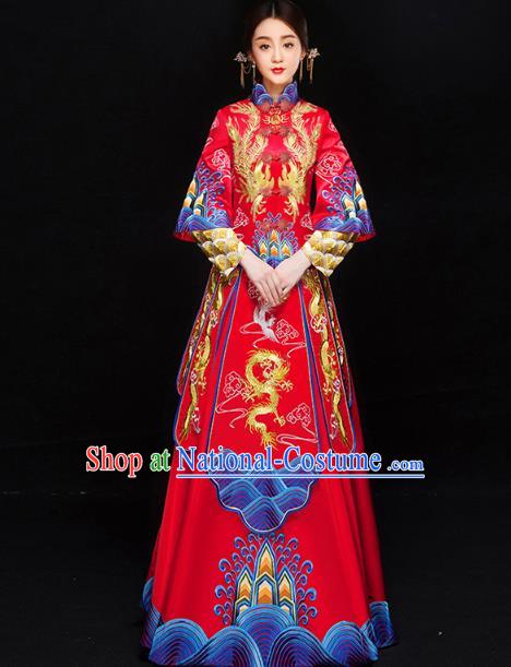 Chinese Traditional Xiuhe Suit Embroidered Longfeng Flown Ancient Bottom Drawer Wedding Dress for Women