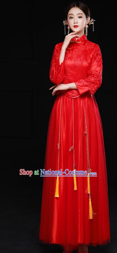 Chinese Traditional Red Lace Xiuhe Suit Longfeng Flown Ancient Bottom Drawer Wedding Dress for Women