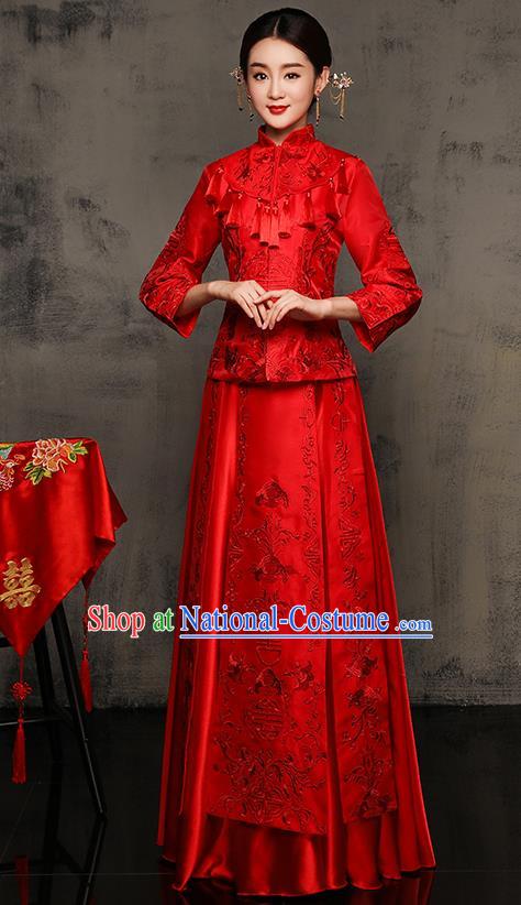 Chinese Traditional Xiuhe Suit Toast Cheongsam Ancient Embroidered Phoenix Bottom Drawer Wedding Dress for Women