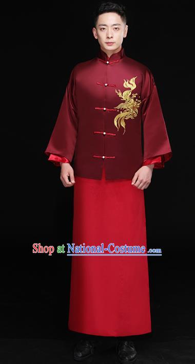 Chinese Traditional Bridegroom Embroidered Costume Ancient Tang Suit Wine Red Clothing for Men