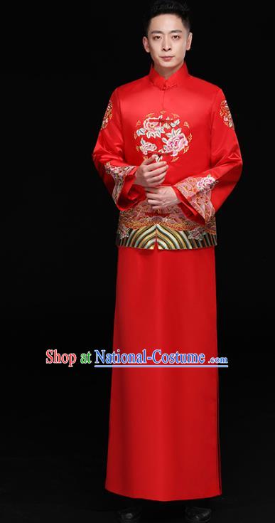 Chinese Traditional Bridegroom Embroidered Peony Costume Ancient Tang Suit Red Clothing for Men