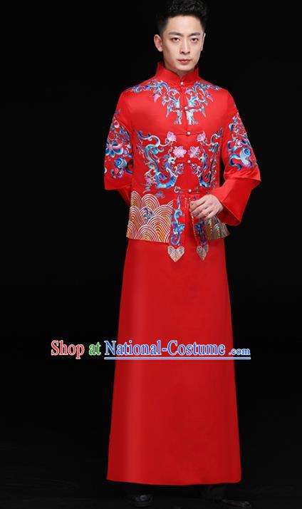 Chinese Traditional Bridegroom Embroidered Dragons Costume Ancient Tang Suit Red Clothing for Men