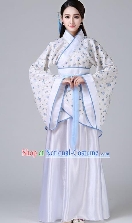 Chinese Ancient Drama Han Dynasty Princess Embroidered White Hanfu Dress for Women