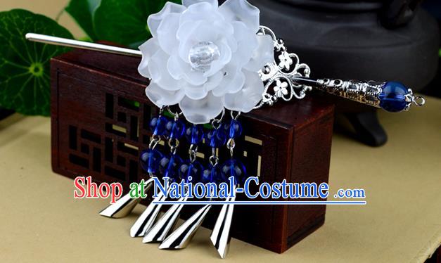 Chinese Traditional Ancient Hair Accessories Hanfu White Peony Hairdo Crown Tassel Hairpins Headwear for Women