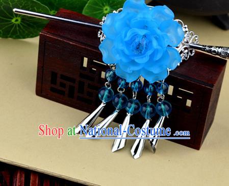 Chinese Traditional Ancient Hair Accessories Hanfu Blue Peony Hairdo Crown Tassel Hairpins Headwear for Women