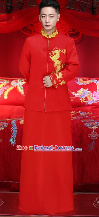 Chinese Traditional Bridegroom Embroidered Golden Dragons Costume Ancient Tang Suit Red Clothing for Men